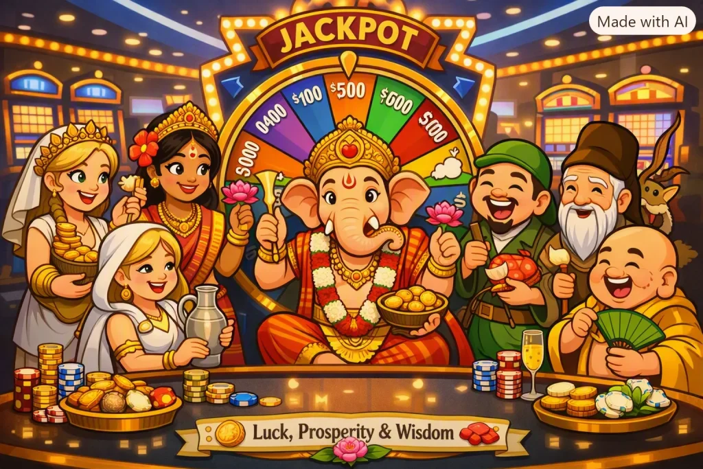 7 gods of good luck playing the wheel of fortune at the casino