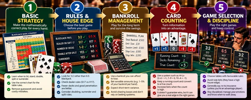 Five blackjack tips covering basic strategy, bankroll, card counting and game selection