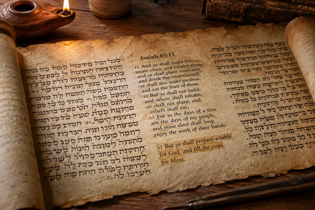 Ancient biblical manuscript representing Isaiah 65 and the reference to Gad and Meni