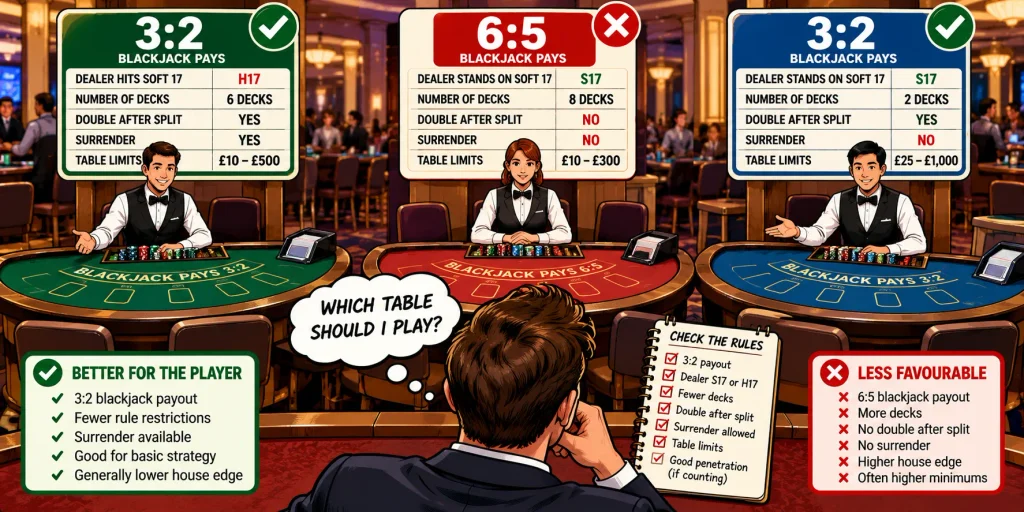 Blackjack player comparing casino rules to choose a better blackjack table