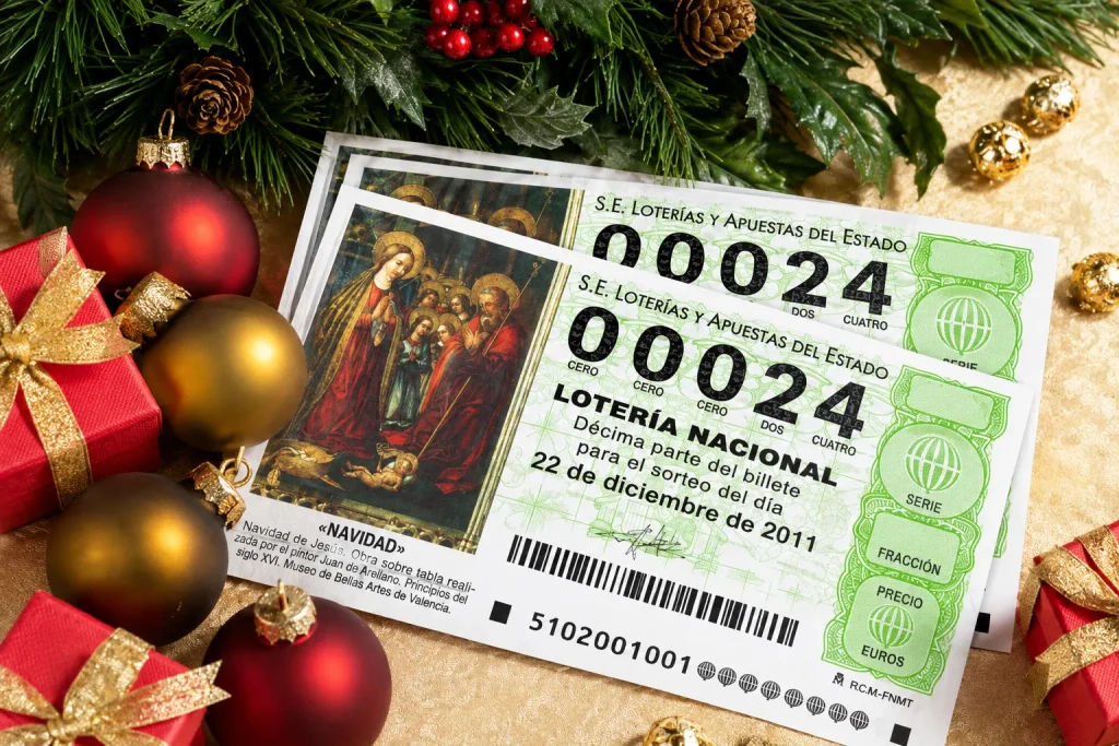 Festive Spanish Lottery Tickets and Christmas Decor