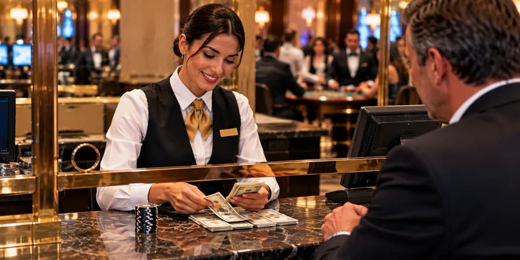 Smiling female casino cashier counting dollar bills while exchanging black roulette chips for cash at the casino cage.