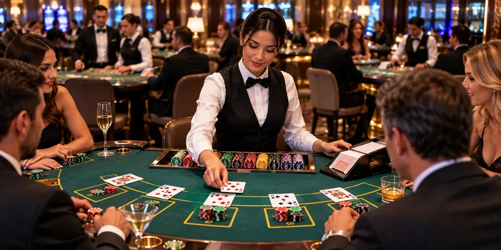 Casino dealer working at a blackjack table