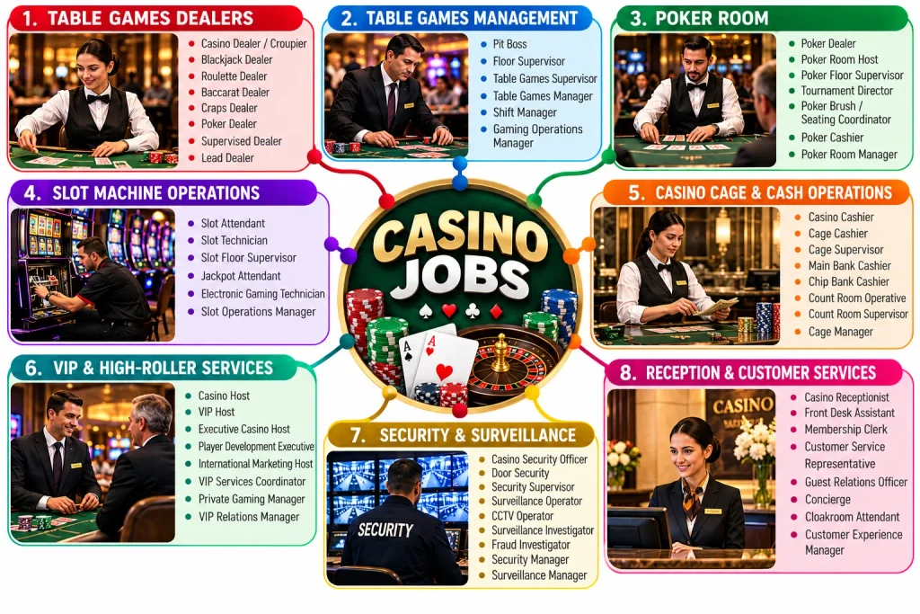 Casino jobs mind map showing careers in land-based casinos