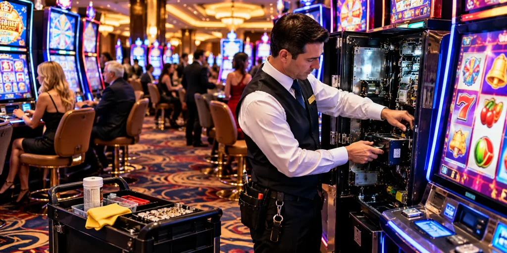 Male slot machine attendant servicing an open slot machine on a busy casino gaming floor.