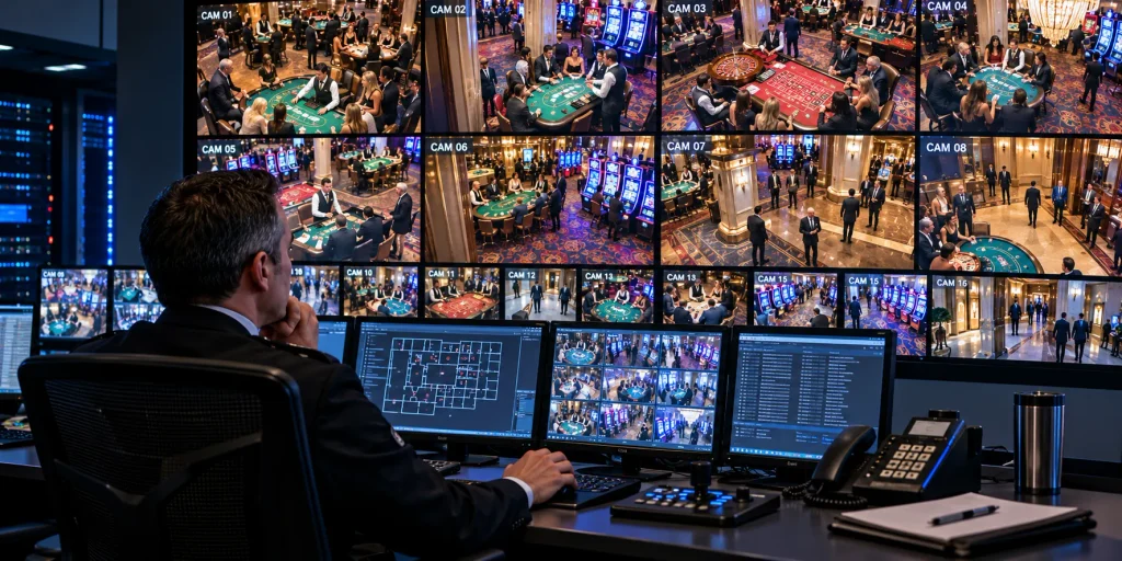 Casino surveillance operator monitoring multiple CCTV screens showing gaming tables, slot machines and the casino floor.