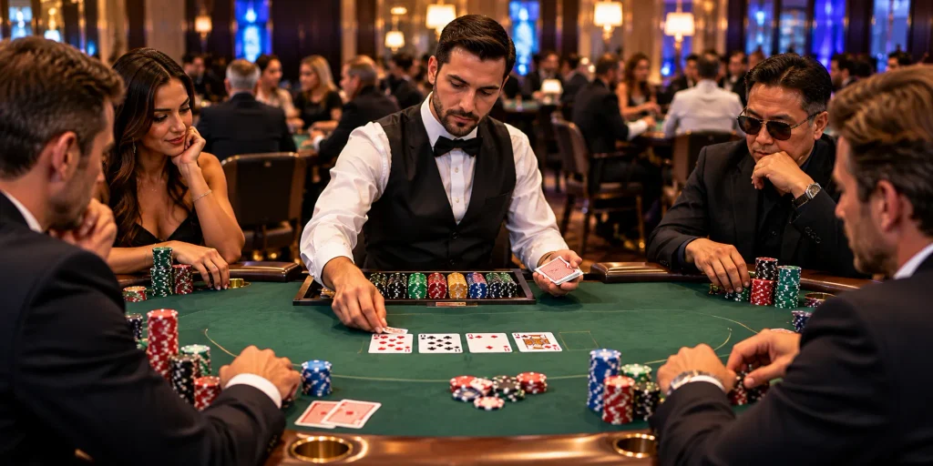 Professional poker dealer dealing Texas Hold’em at a busy casino cardroom table with players and poker chips.