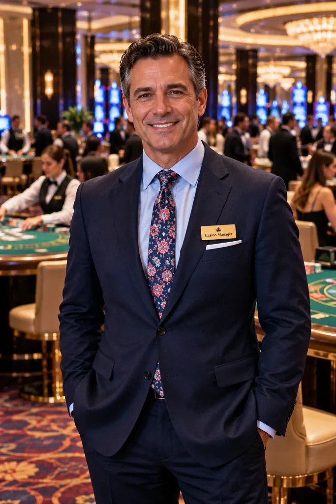 Smiling casino table games manager in a navy suit standing on a busy casino gaming floor.