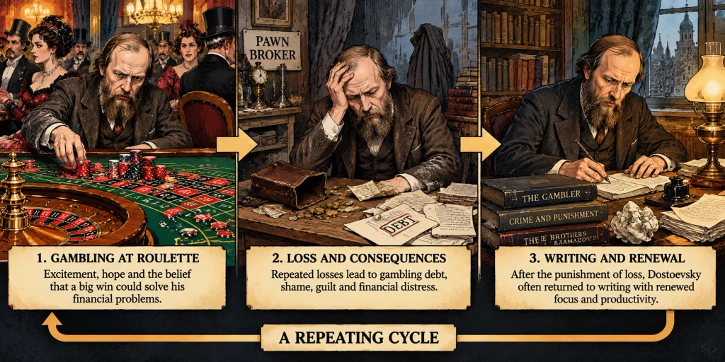 Dostoevsky roulette losses and writing illustrated as Freud's gambling self-punishment theory.