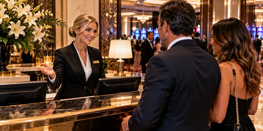 Smiling blonde casino receptionist greeting guests at the reception desk of a modern luxury casino.