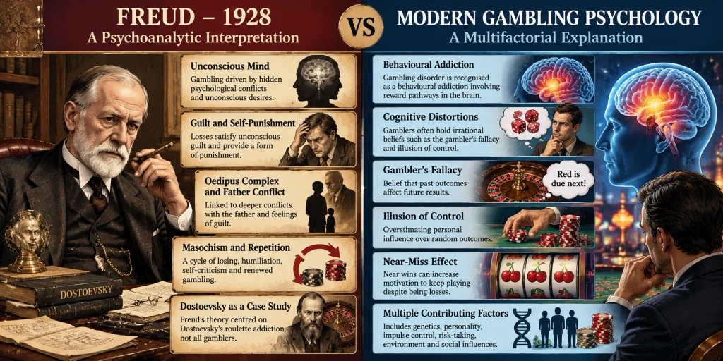 Freud's psychoanalytic theory compared with modern psychological explanations of gambling disorder.