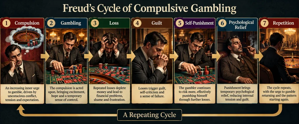 Freud gambling theory infographic showing compulsion, loss, guilt, self-punishment and repetition.