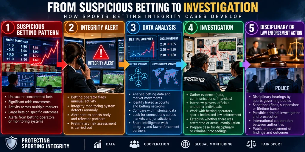 Sports betting match-fixing investigation infographic showing five stages: suspicious betting patterns, integrity alerts, data analysis, formal investigation, and disciplinary or law-enforcement action.