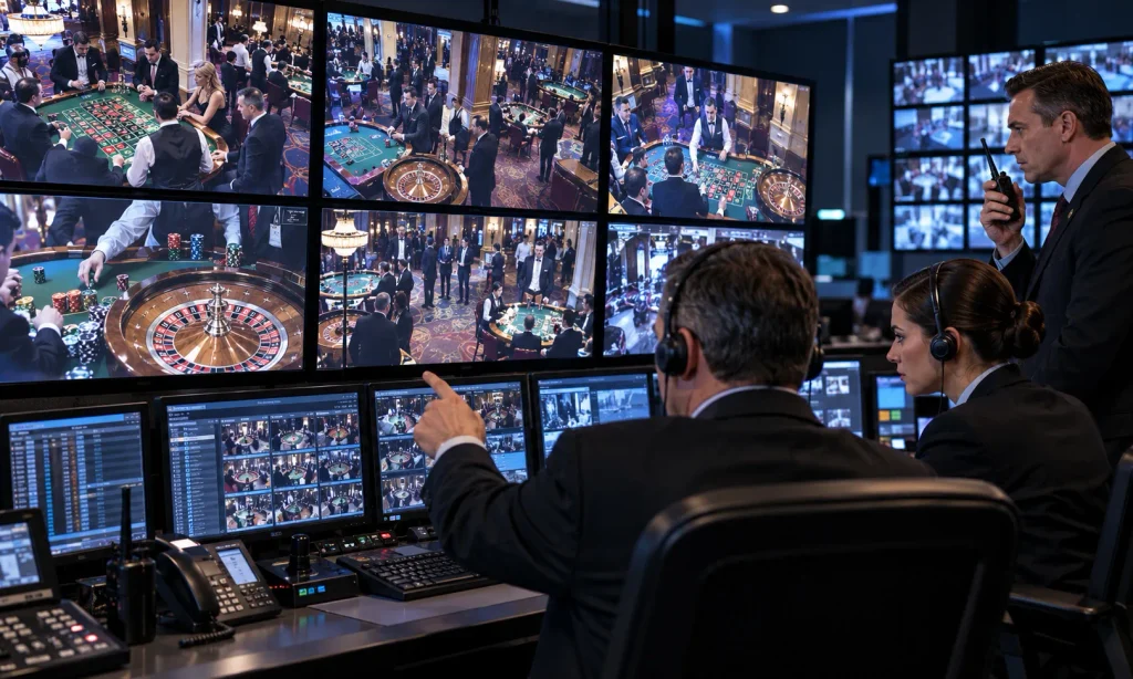 Casino surveillance officers monitoring roulette tables to detect organised cheating.