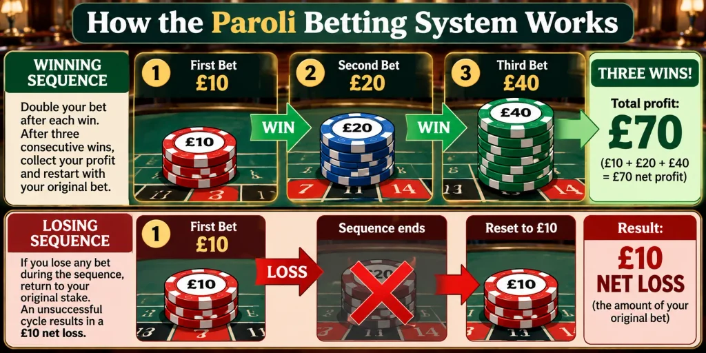 Paroli betting system infographic explaining the three-win positive progression strategy with £10, £20 and £40 bets.
