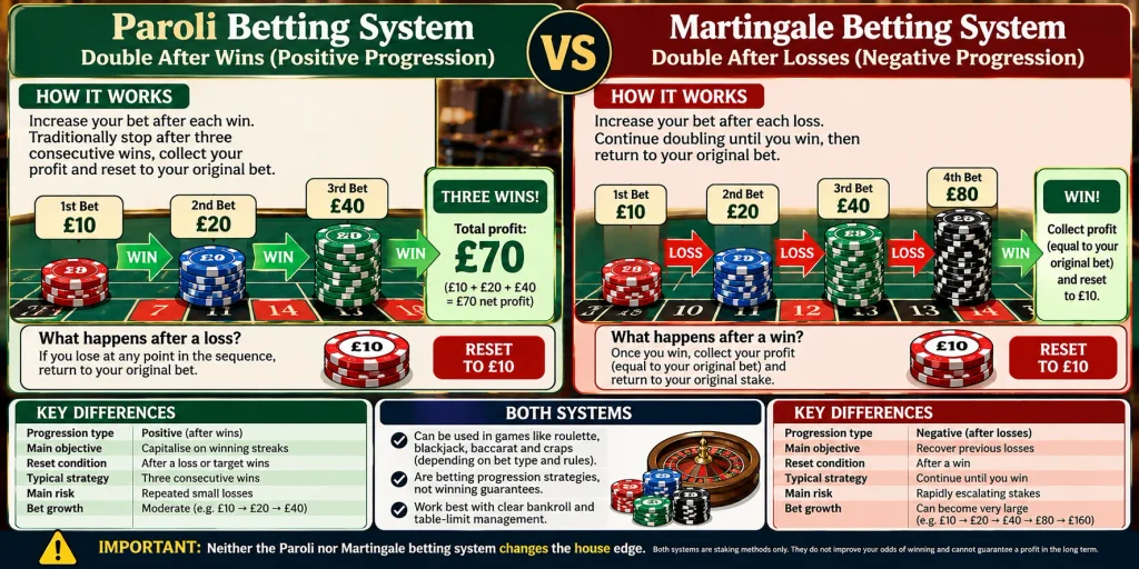 Paroli vs Martingale betting systems infographic comparing positive and negative progression strategies for roulette players.