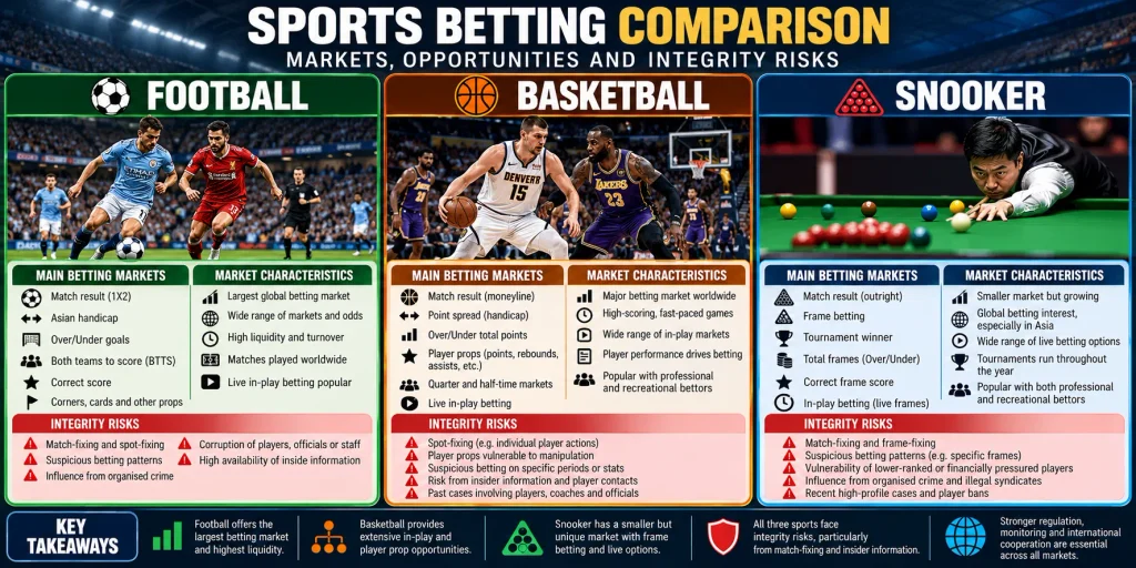 Sports betting comparison infographic showing football, basketball and snooker betting markets, Asian handicap betting, match-fixing risks, suspicious betting patterns and sports integrity concerns.