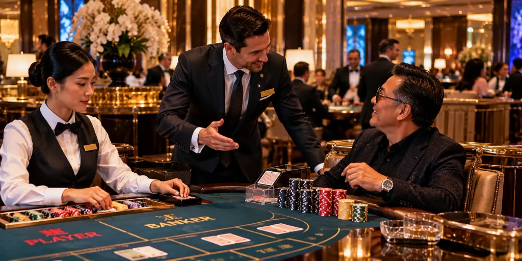 VIP casino host greeting a high-roller guest at a baccarat table in a luxury land-based casino.