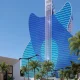 Architectural rendering of the planned Hard Rock Las Vegas resort. The guitar-shaped tower is its most distinctive feature; the completed property may differ from early visualisations.